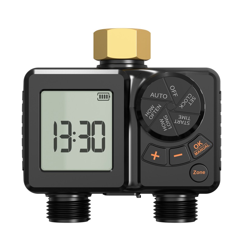 Timer Dual Outlet - วาล์วควบคุมน้ำอัตโนมัติแบบสองช่องทาง ใช้พลังงานจาก USB 5V สำหรับรดน้ำต้นไม้กลางแจ้ง